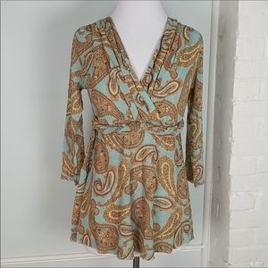 Comfy v-neck wrap mesh blouse green & gold paisley